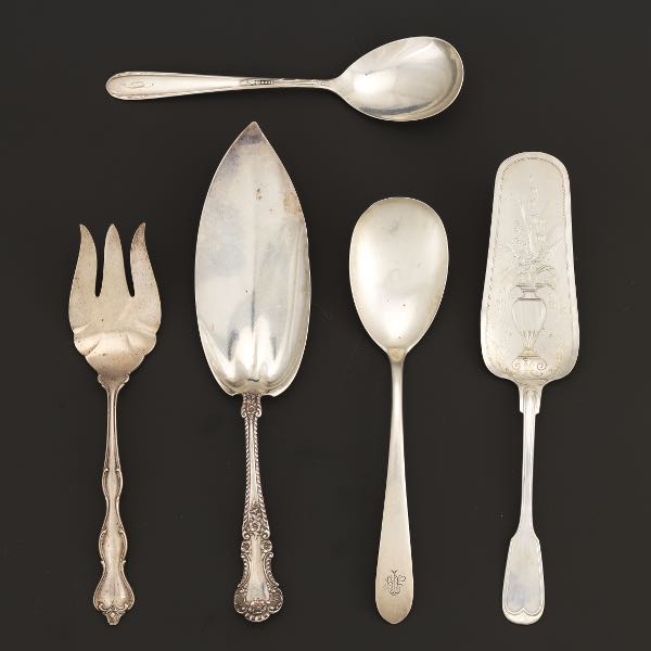 Appraisal: FIVE STERLING AND GERMAN SILVER SERVING UTENSILS INCLUDING BY S