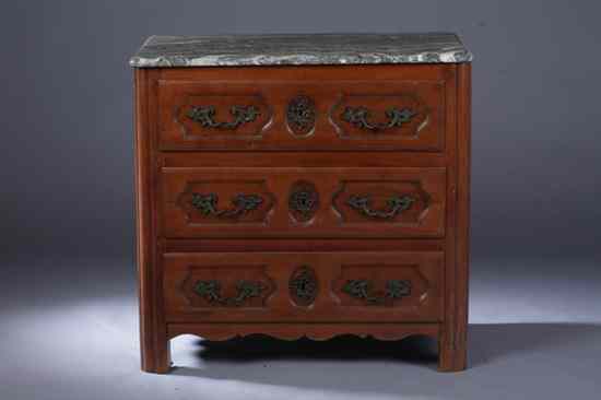 Appraisal: FRENCH PROVINCIAL MARBLE-TOP FRUITWOOD COMMODE th century Rectangular rounded marble-top