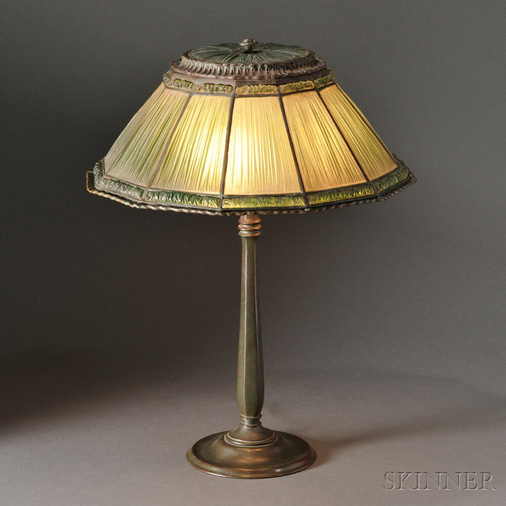 Appraisal: Tiffany Studios Linenfold Table Lamp Art glass patinated bronze New