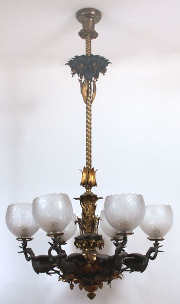 Appraisal: th Century rare and important bronze gas chandelier having an