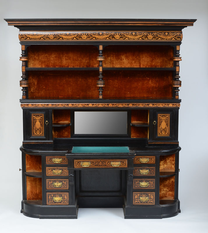 Appraisal: COTTIER CO AESTHETIC MOVEMENT EBONIZED AND PENWORK DESK BOOKCASE ENGLAND