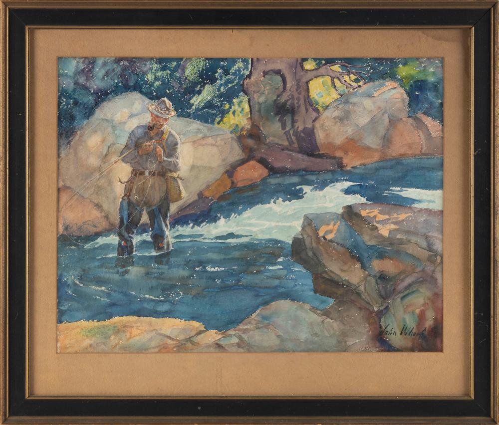 Appraisal: JOHN WHORF MASSACHUSETTS - FLY-FISHING WATERCOLOR ON PAPER X FRAMED