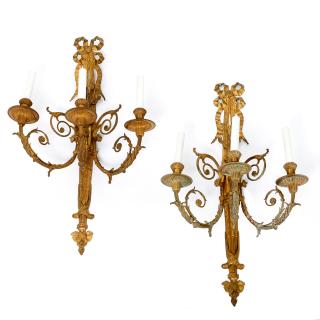 Appraisal: Pair French bronze Louis XVI style sconces Pair French bronze