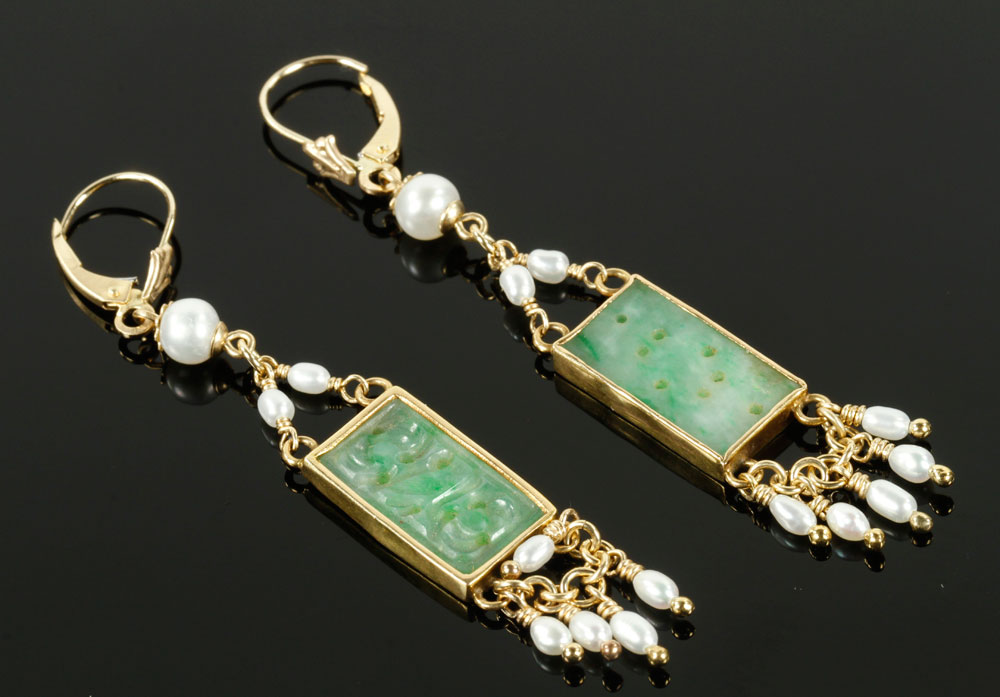 Appraisal: - Chinese K Gold Jade and Pearl Earrings Chinese K