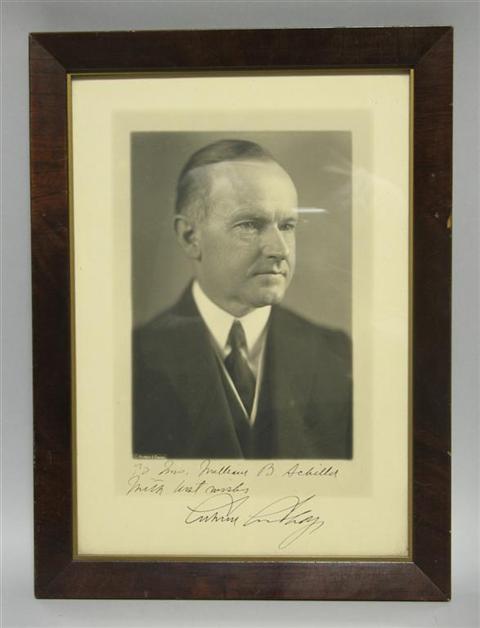 Appraisal: CALVIN COOLIDGE SIGNED AND INSCRIBED PHOTOGRAPH Framed photograph of Calvin