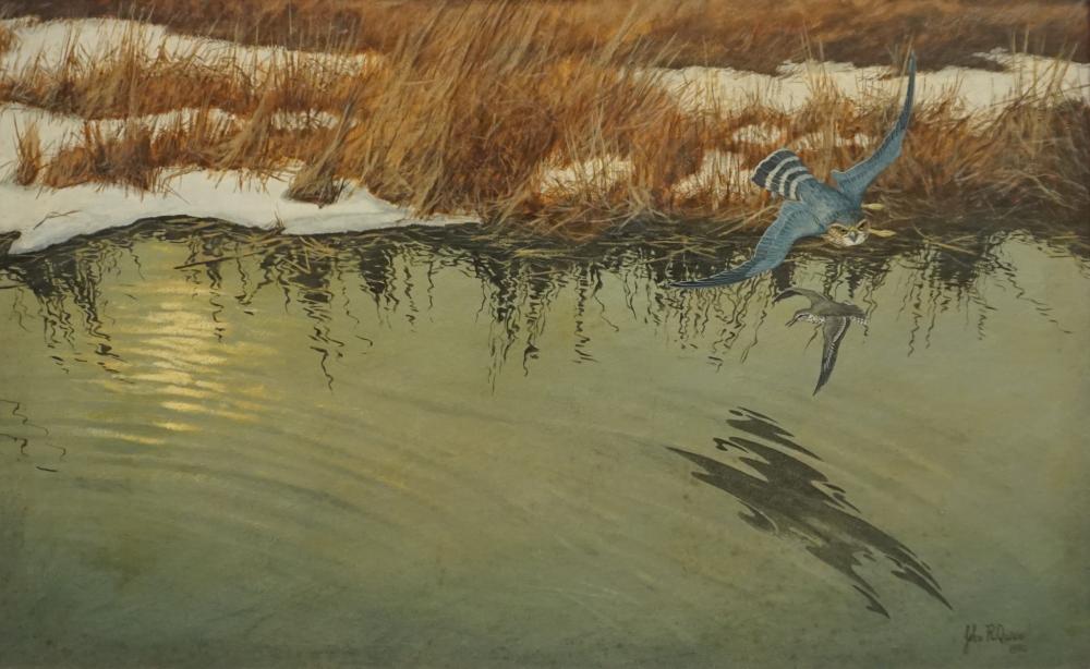 Appraisal: John R Quinn Falcon over a Pond Oil on Panel