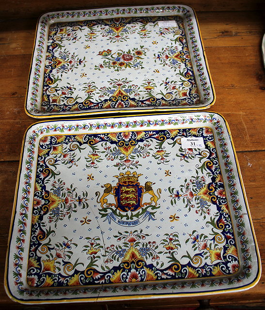 Appraisal: TWO RECTANGULAR FRENCH DIEPPE FAIENCE TRAYS with flower decoration one