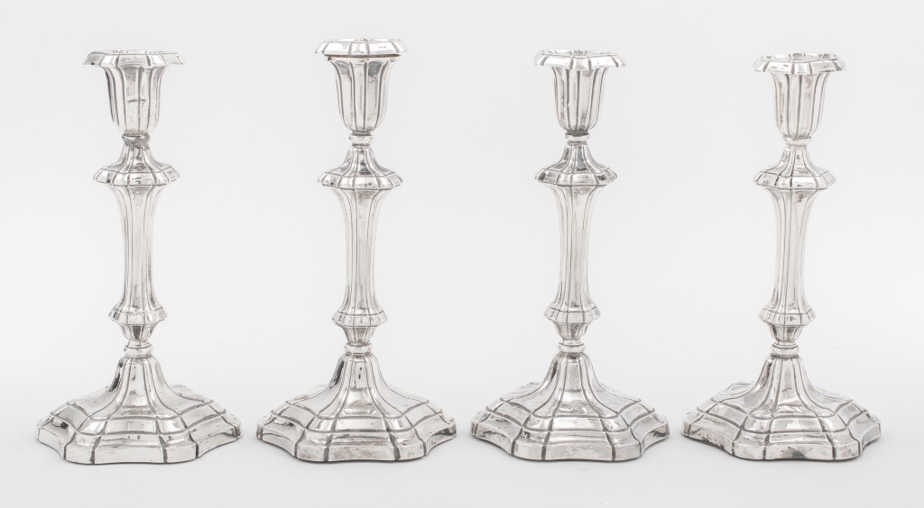 Appraisal: GEORGE V GEORGE II-STYLE SILVER CANDLESTICKS Set of four George