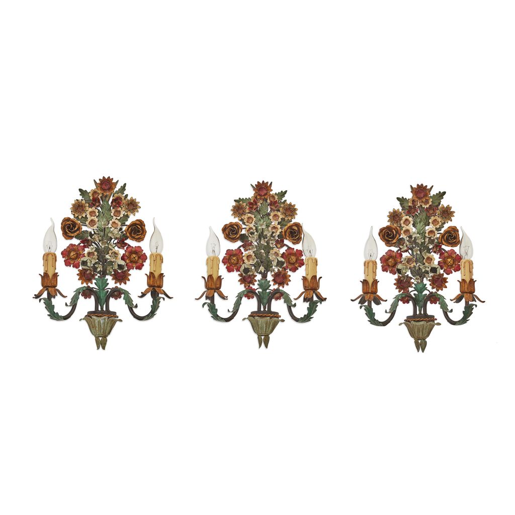 Appraisal: SET OF THREE PAINTED TOLE FLORAL WALL LIGHTS TH CENTURY