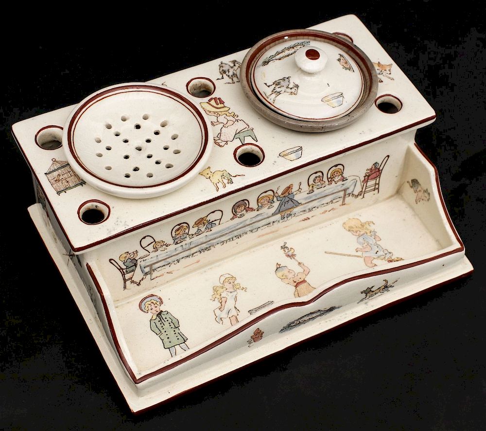 Appraisal: SARREGUEMINES INK STAND WITH GREENAWAY KIDS C The Sarreguemines creamware