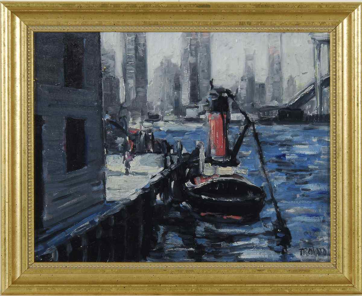 Appraisal: MIKE TROVATOAmerican ContemporaryTugboat in Dock NYC'' Signed lower right ''Trovato''