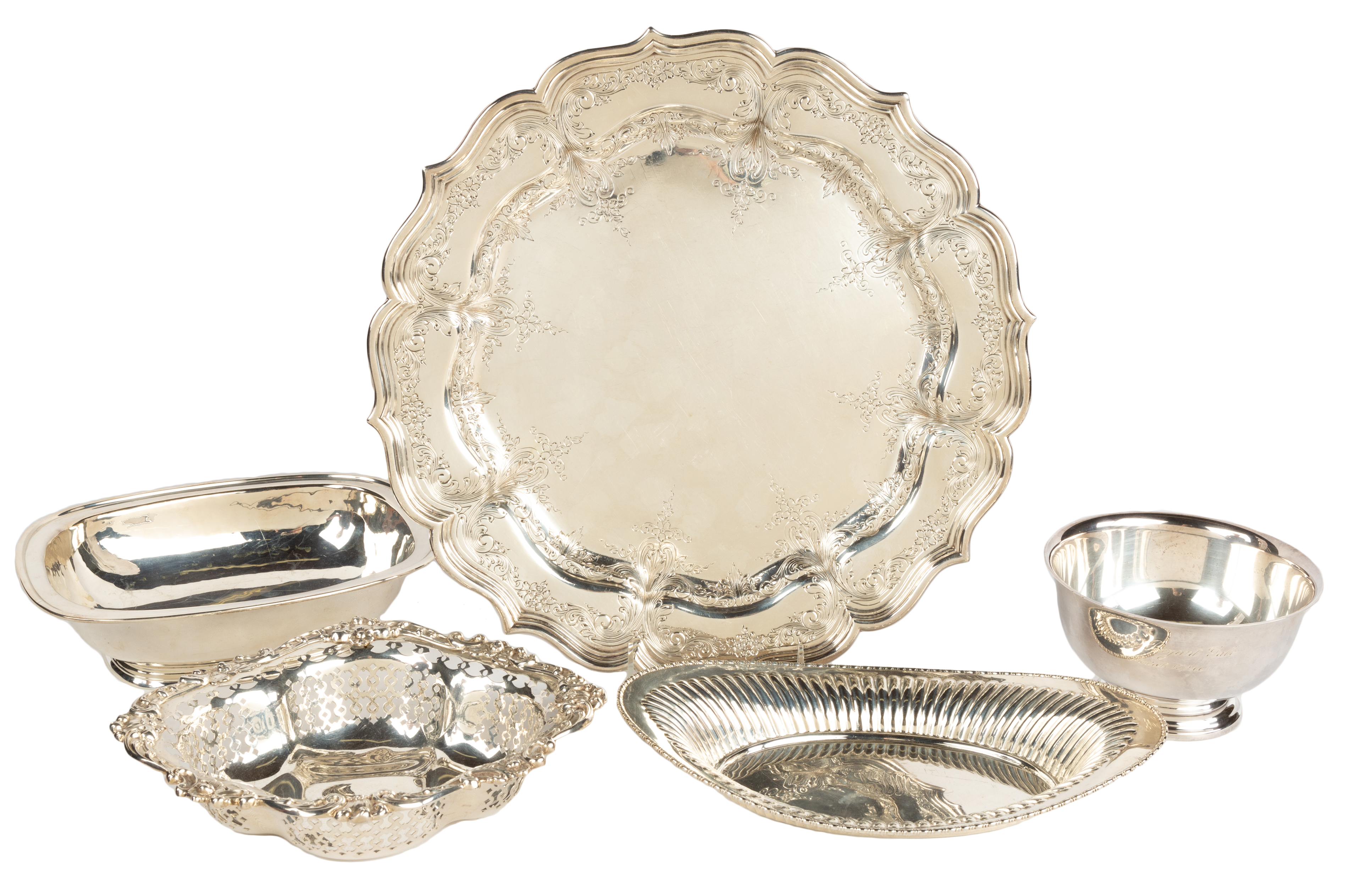 Appraisal: FIVE STERLING SILVER PIECES Inc Gorham hand chased tray etc