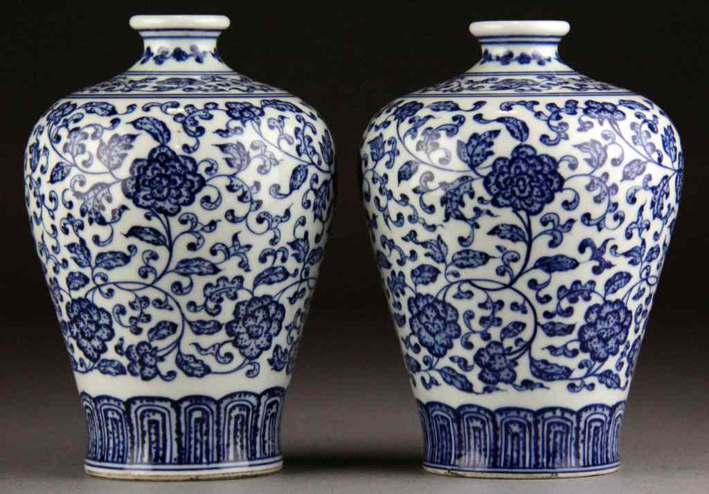 Appraisal: Pr Chinese Blue And White Porcelain Meiping VasesDepicting lotus blossoms