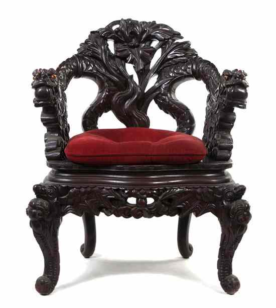 Appraisal: A Chinese Carved Hardwood Armchair th century the arms and