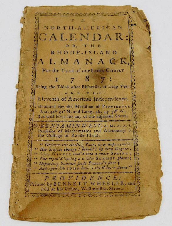 Appraisal: North American Calendar Rhode Island Almanac Rhode Island Printed by