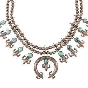 Appraisal: Navajo Silver and Turquoise Squash Blossom Necklace mid - third