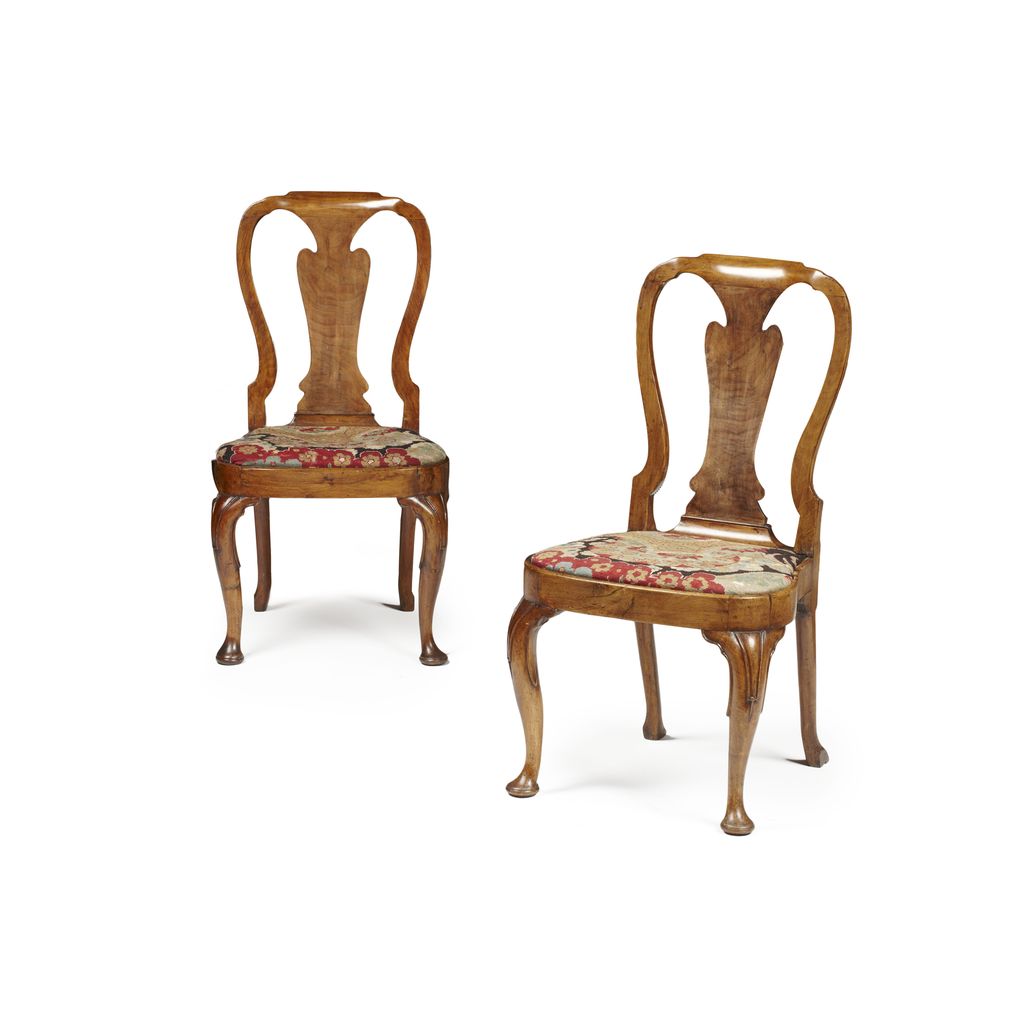 Appraisal: PAIR OF GEORGE I WALNUT SIDE CHAIRS CIRCA the shaped