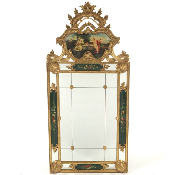 Appraisal: FRENCH HAND-PAINTED WALL MIRROR x Gilt and gessoed carved wall