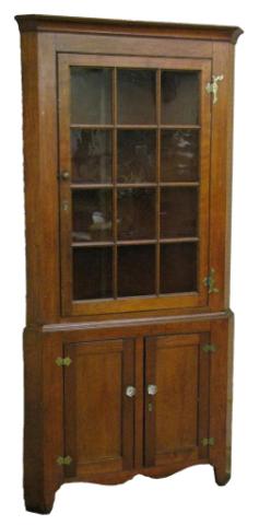 Appraisal: Early th Century Corner Cupboard mixed woods -pane glass door