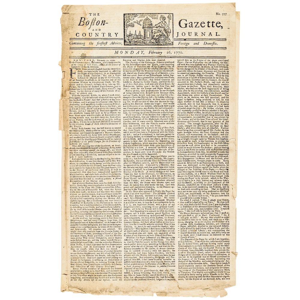 Appraisal: Paul Revere Masthead Boston Gazette Newspaper Prior to the Boston