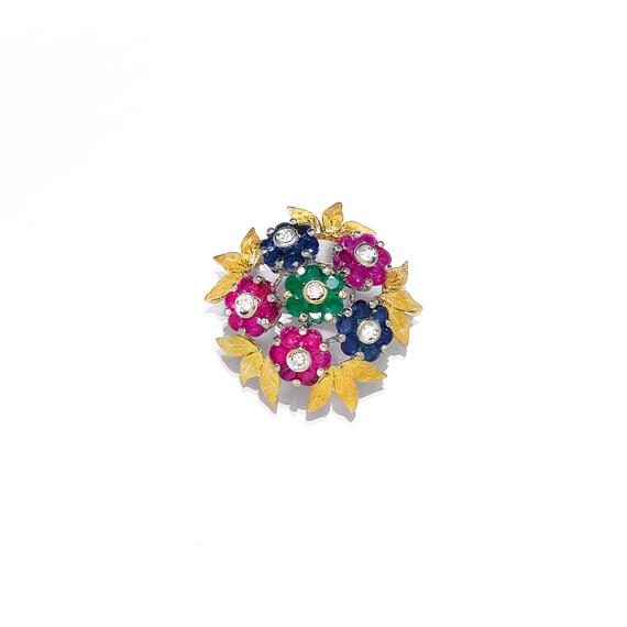 Appraisal: GEMSTONE AND DIAMOND BROOCH ca Yellow and white gold Decorative