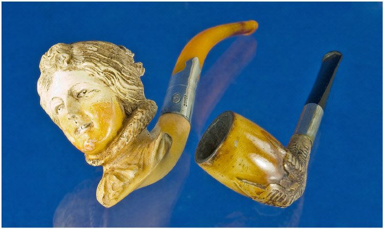 Appraisal: Late th Century Meerschaum Pipe with Silver Rim Stamped silver