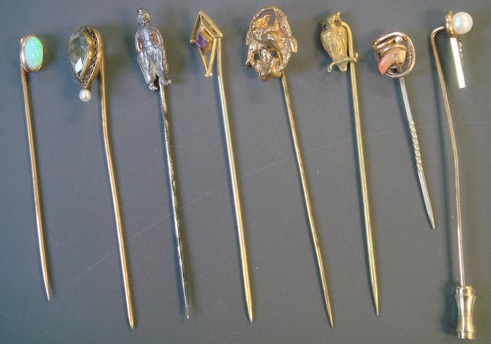 Appraisal: Gold and Gold-filled Stick Pins Grouping of nine including some