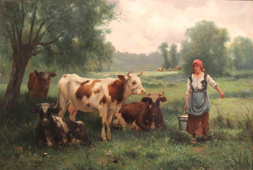 Appraisal: JULIEN DUPRE FRENCH - MILK MAID GUARDING HER CATTLE Oil