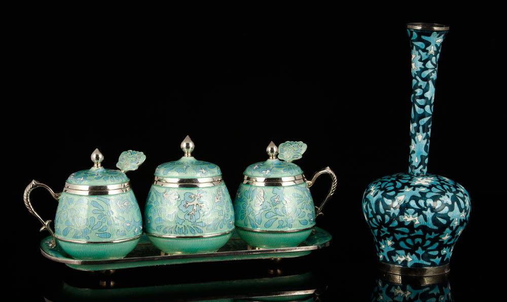 Appraisal: - Korean Enameled Silver Vase and Tea Set Korean vase