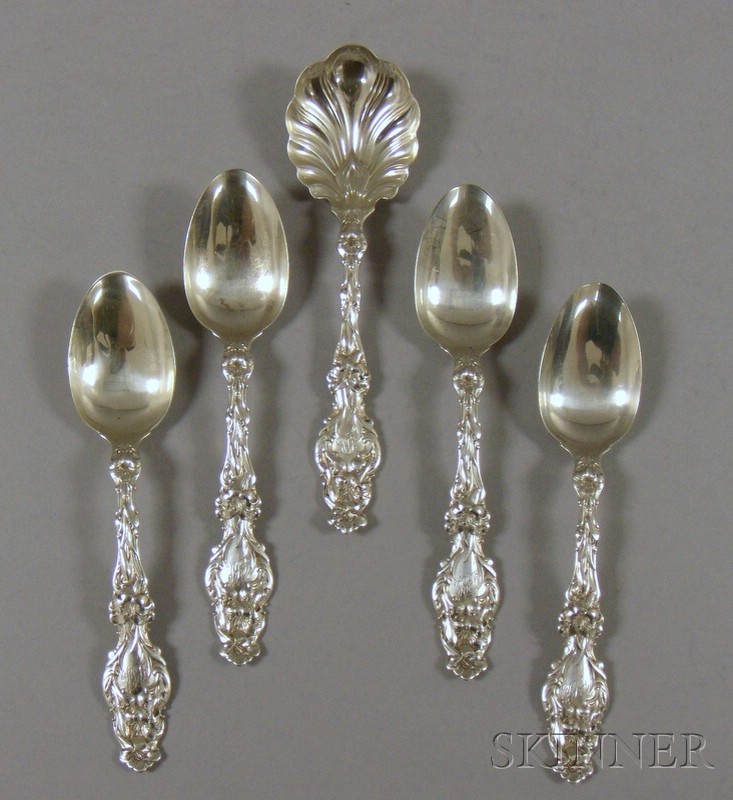 Appraisal: Whiting Sterling Silver Berry Spoon and Four Matching Teaspoons Lily