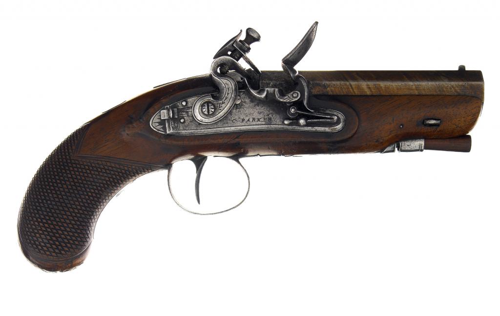 Appraisal: A FLINTLOCK TRAVELLING PISTOL the cm browned octagonal barrel with