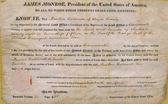 Appraisal: James Monroe signed document Cincinnati land grant sheet '' h