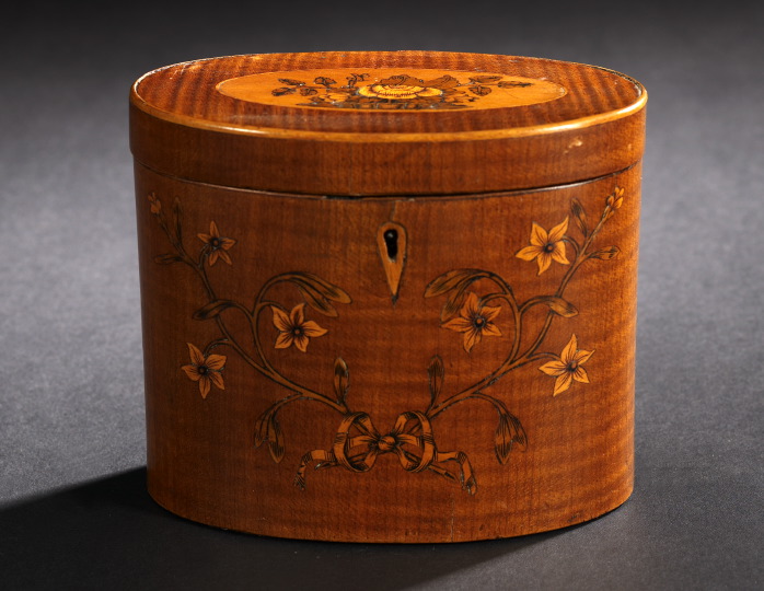 Appraisal: Georgian Marquetry and Penwork Mahogany Oval Tea Caddy ca in