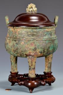 Appraisal: Chinese Archaistic Bronze Censer Jade Finial Chinese Archaic Bronze Censer