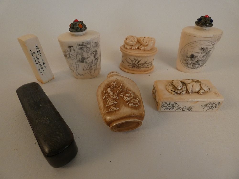 Appraisal: CARVED JAPANESE PIECES Lot carved bone Japanese items erotic snuff