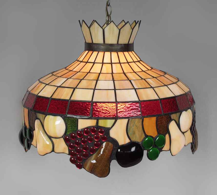 Appraisal: LEADED GLASS SLAG GLASS HANGING LIGHT Decorative hanging light featuring