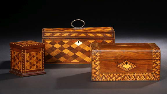 Appraisal: Georgian Checkerboard Marquetry Triple-Compartment Tea Box first quarter th century