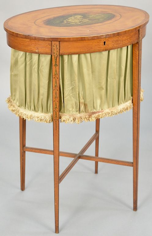 Appraisal: Adam's satinwood sewing stand having top with central painting depicting