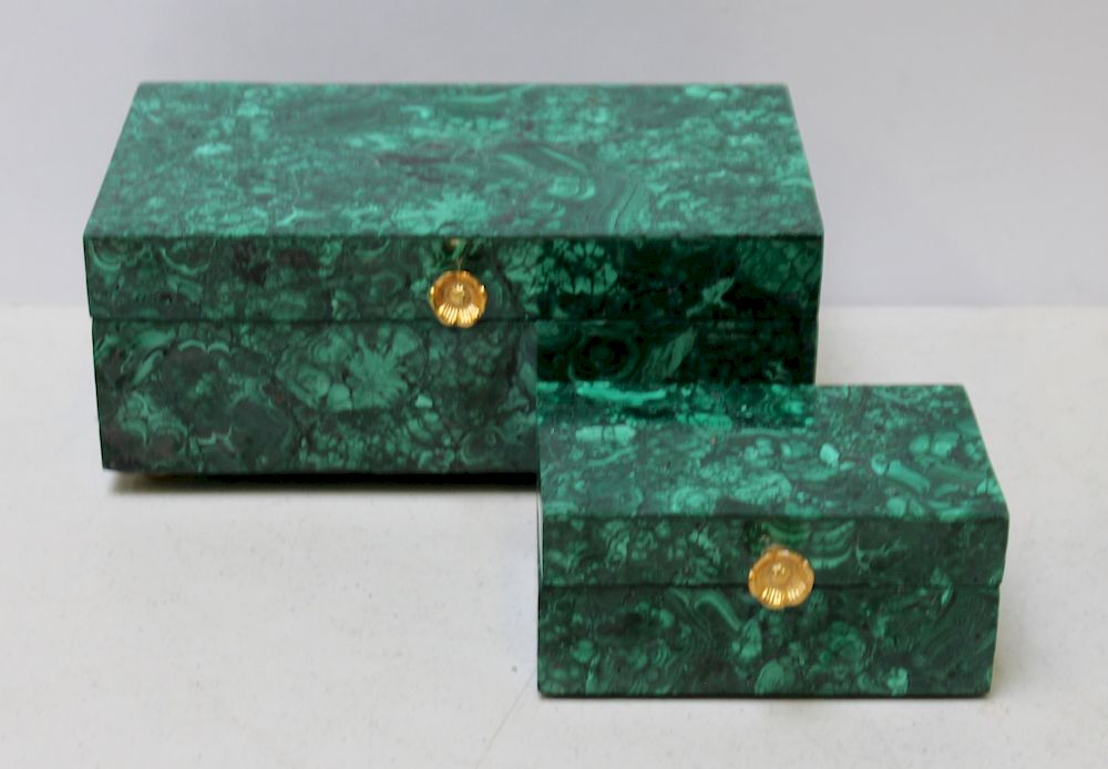 Appraisal: Malachite Jewelry Boxes with Brass Feet And handles From a