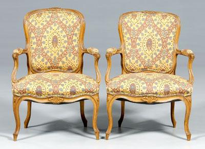 Appraisal: Pair Louis XV style fauteuil carved beech frames upholstered seats