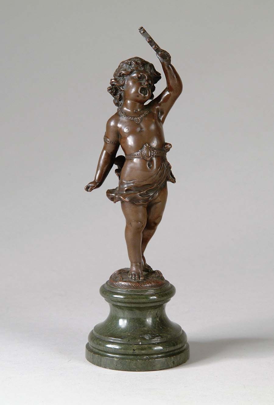 Appraisal: BRONZE CHERUB Wonderful bronze cherub appears to be singing and