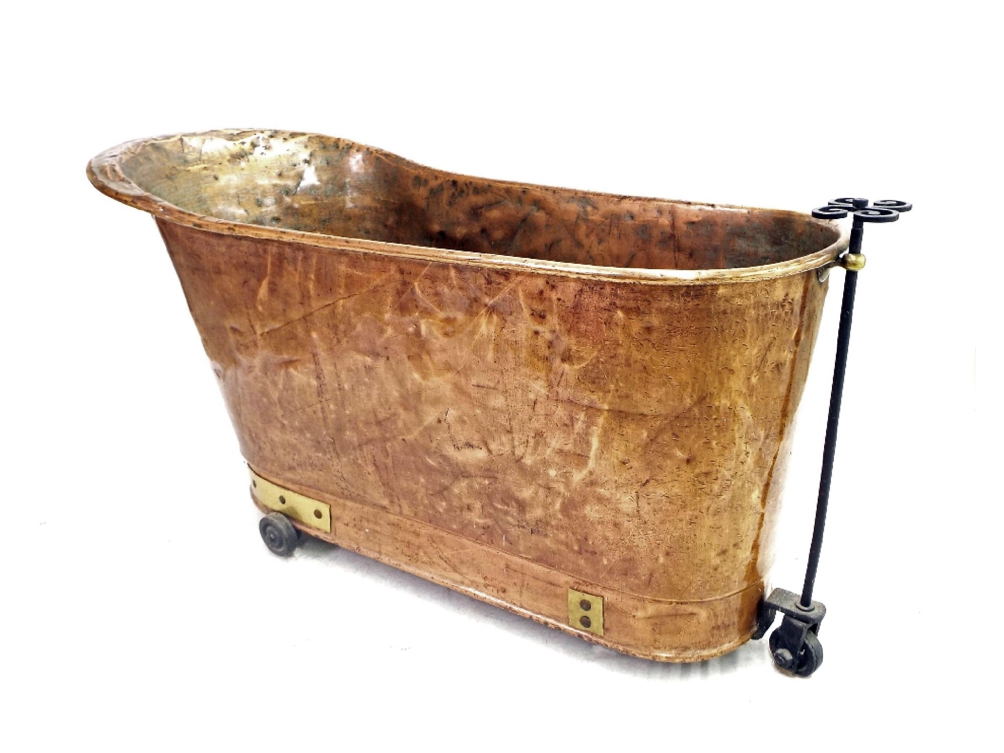 Appraisal: French decorative antique galvanized copper bath bound with riveted brass