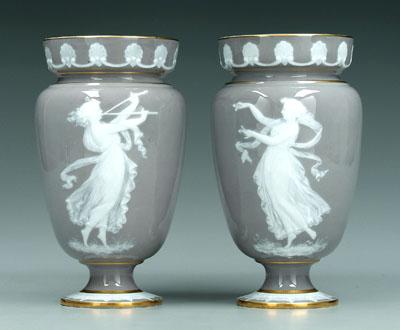 Appraisal: Pair p te-sur-p te decorated vases dancing women collared rims