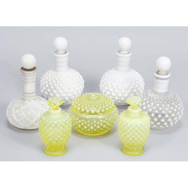 Appraisal: Collection of seven dresser jars perfume bottles including Fenton glass