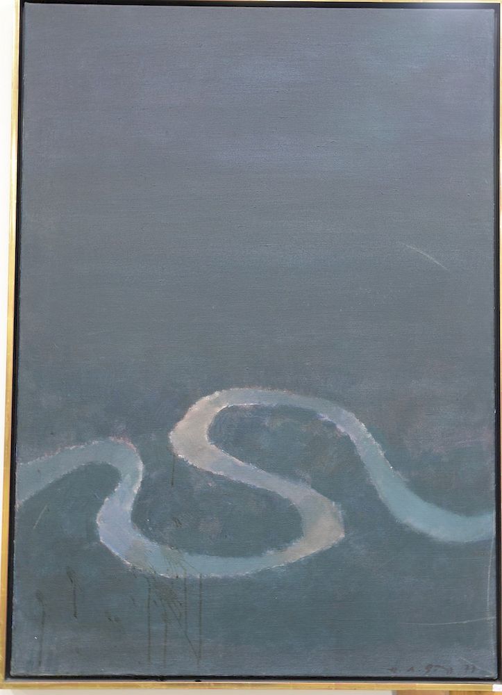 Appraisal: Oil on canvas abstraction River landscape signed illegibly x Oil