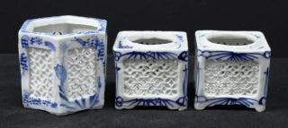 Appraisal: Chinese Reticulated Porcelain Cricket Cages Of blue-glazed white porcelain two