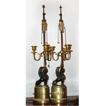 Appraisal: Pair of Continental Neoclassical Gilt and Patinated-Bronze Three-Light Candelabra Estimate