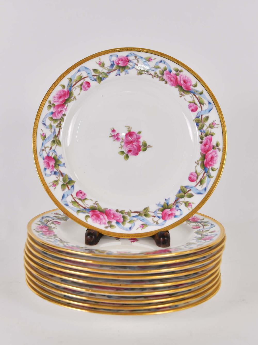 Appraisal: TEN MINTON ROSE DECORATED PORCELAIN DINNER PLATESCirca The undersides with