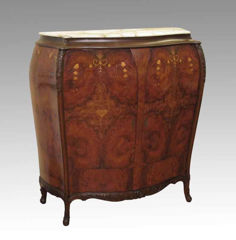 Appraisal: MARQUETRY INLAY BOMBAY FORM SIDE CABINET Marble top over rich