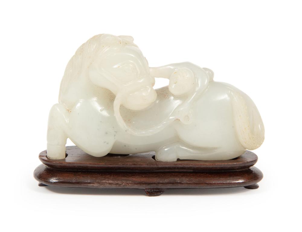 Appraisal: CHINESE GRAYISH WHITE JADE HORSE AND MONKEY GROUPChinese Grayish White